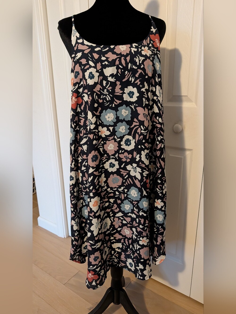 LOFT Navy Floral Midi Dress with Blue, Pink, White Accents